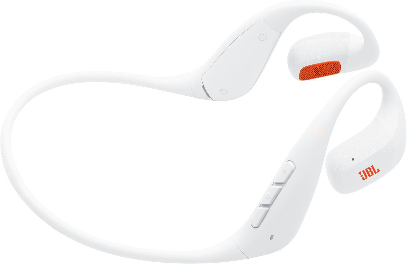 Weiße JBL-Kopfhörer mit orangefarbenen Akzenten. Mit Tasten und geschwungenem Design. JBL-Logo sichtbar.
