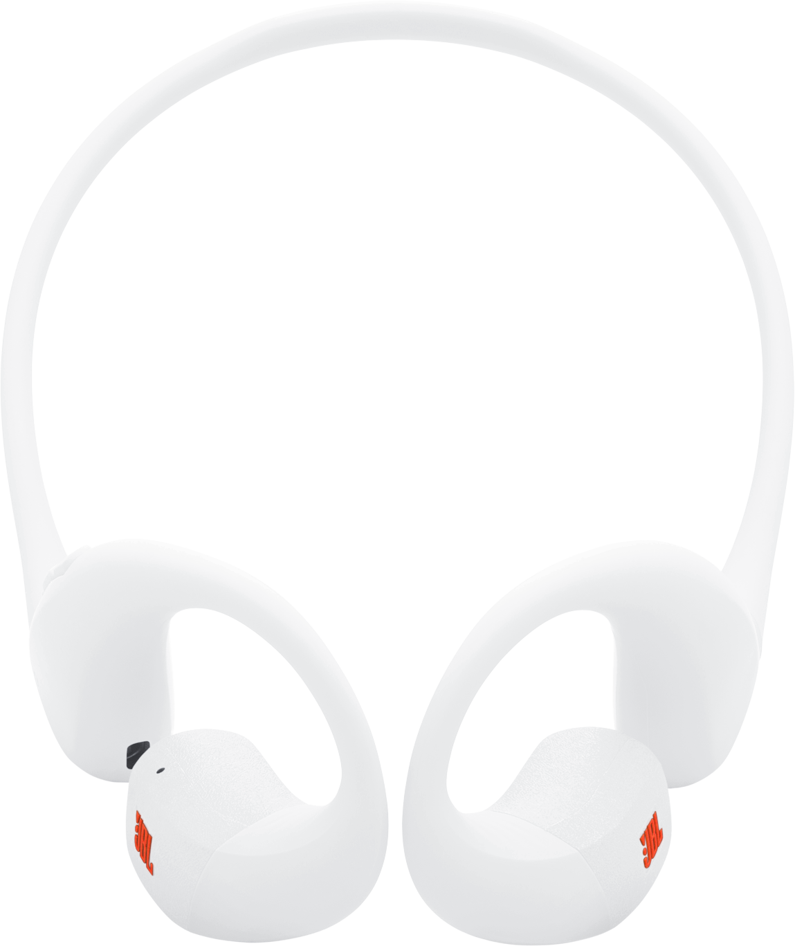 Weiße JBL-Kopfhörer mit Over-Ear-Design. Die Ohrmuscheln sind weiß mit orangefarbenem JBL-Logo. Der Hintergrund ist schwarz.