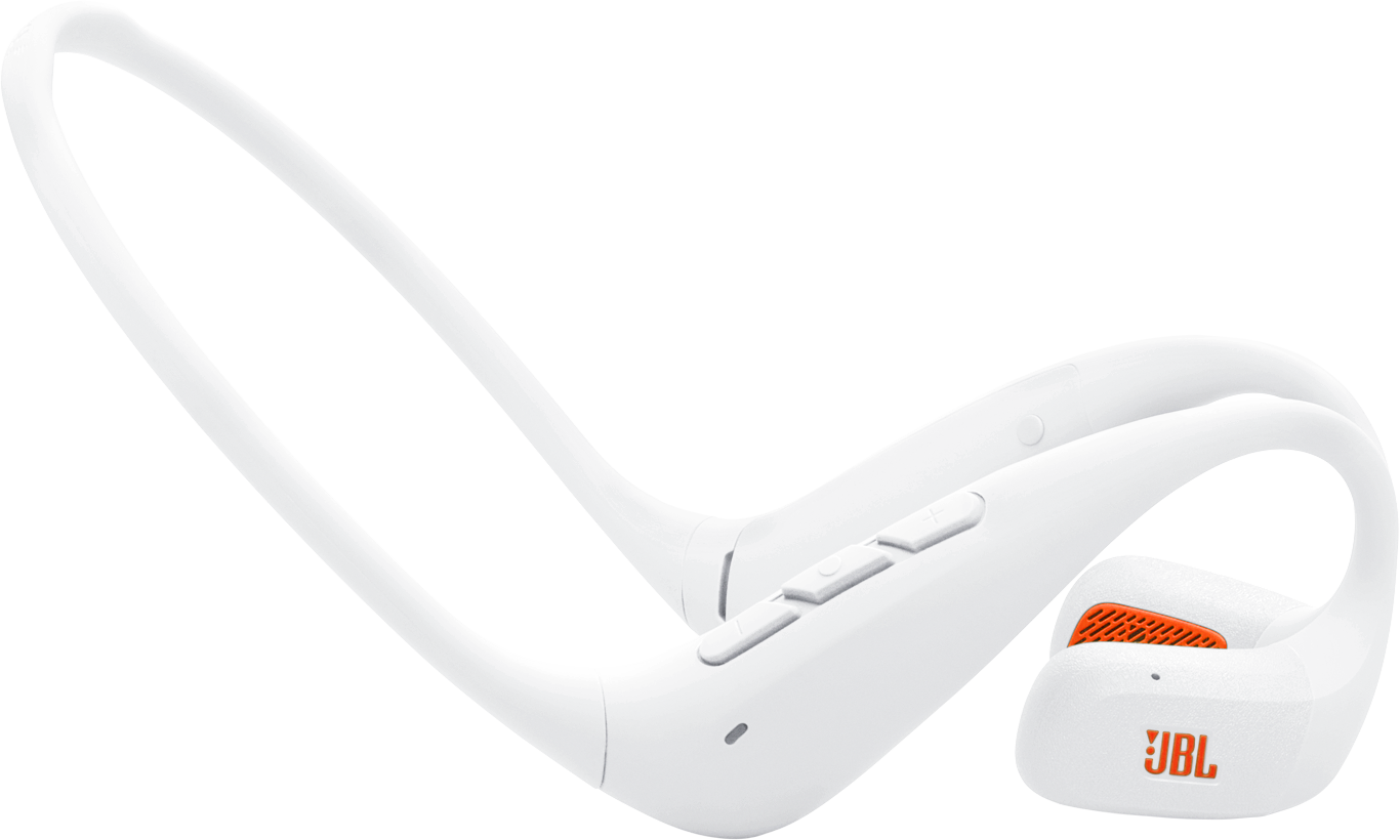 Weiße JBL-Sportkopfhörer mit orangefarbenen Akzenten. Mit Steuertasten und dem JBL-Logo. Ein modernes, schlankes Design.