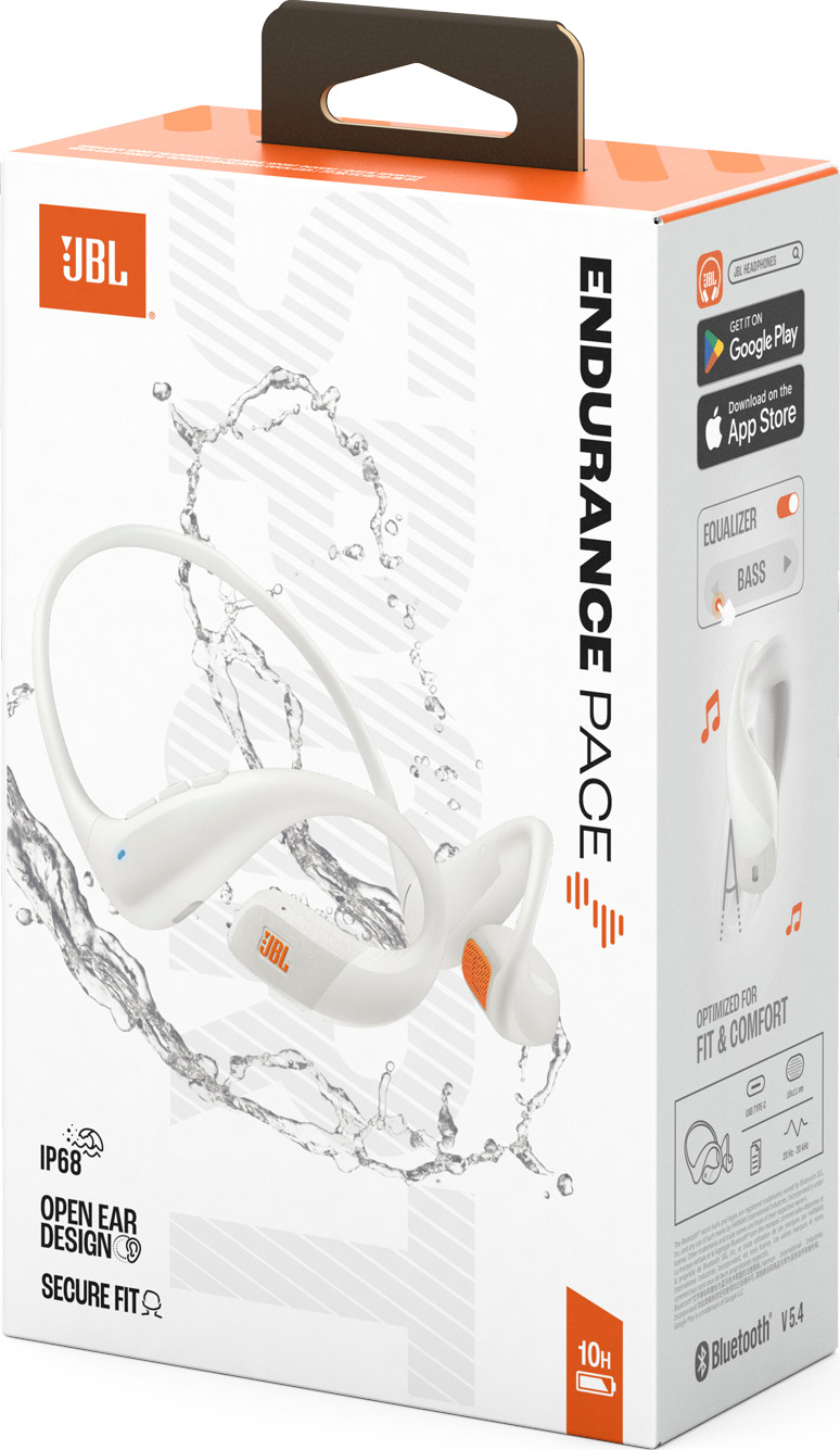 Weiße JBL Endurance Pace Kopfhörer in einer Box mit Wasserspritzgrafik. Orangefarbene Akzente. Text enthält 'Endurance Pace' und 'IP68'.