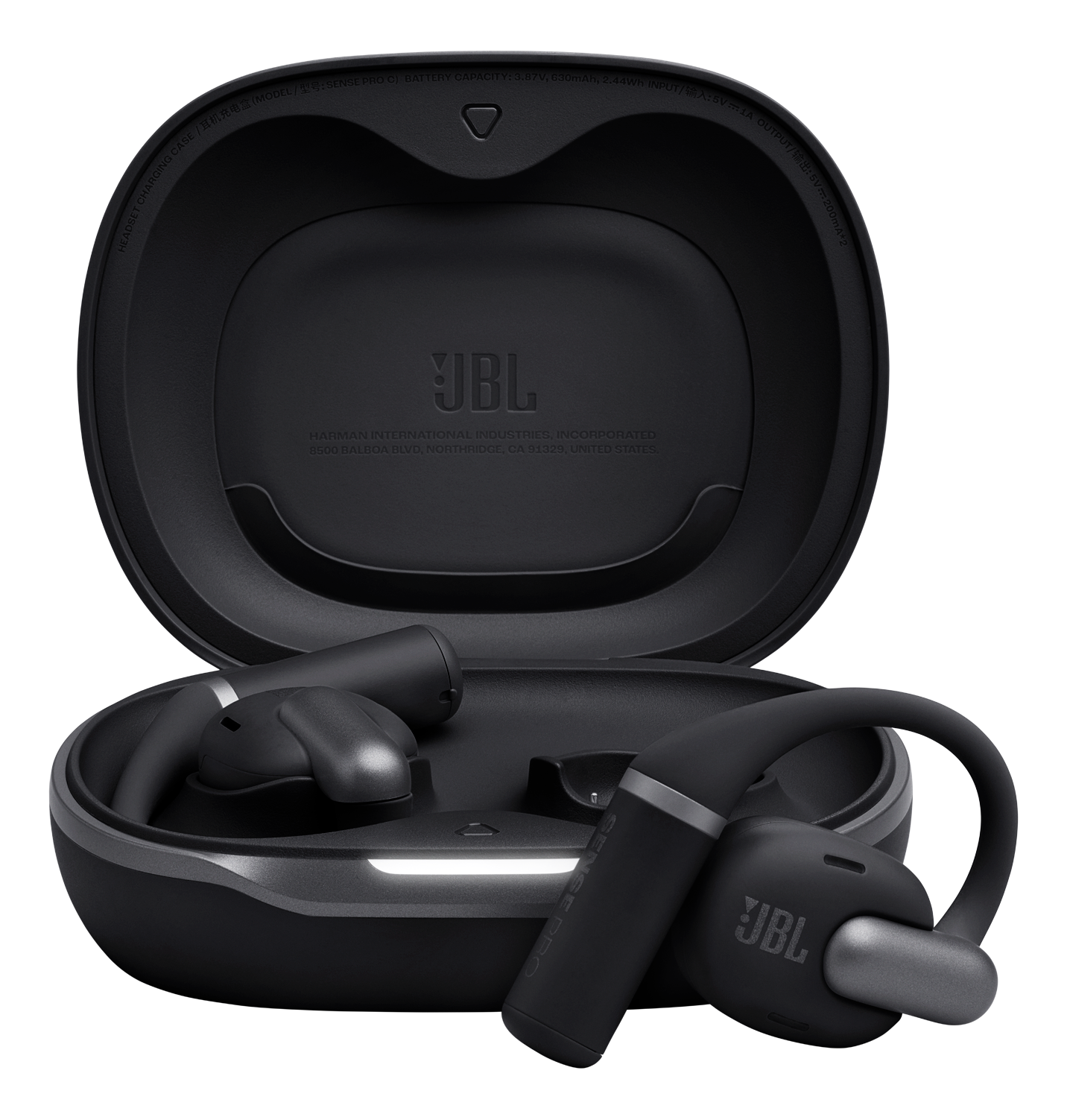 Schwarze JBL-Ohrhörer in der Ladebox. Die Box ist geöffnet und zeigt die Ohrhörer. Das JBL-Logo ist sichtbar.