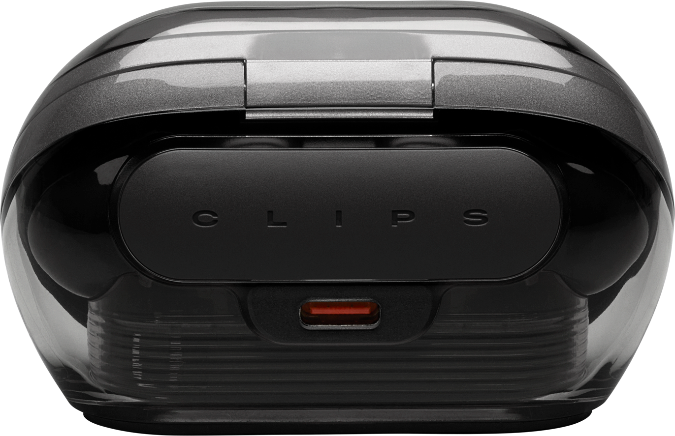 Nahaufnahme eines schwarz-silbernen Geräts mit der Aufschrift 'CLIPS'. Es hat einen transparenten unteren Bereich und einen roten Ladeanschluss.