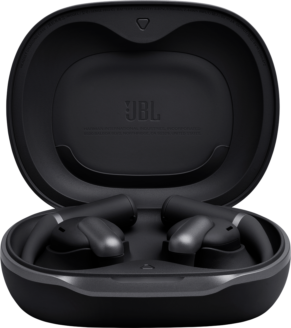Geöffnete schwarze JBL-Ladehülle mit zwei kabellosen Ohrhörern. Die Hülle ist offen und zeigt die Ohrhörer in ihren Halterungen.