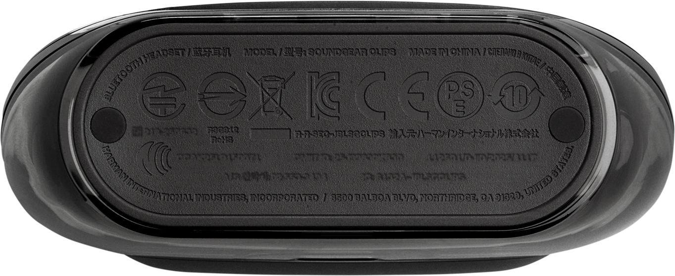Schwarzes Audiogerät mit Text und Symbolen. Enthält Bluetooth und Harman International Industries.