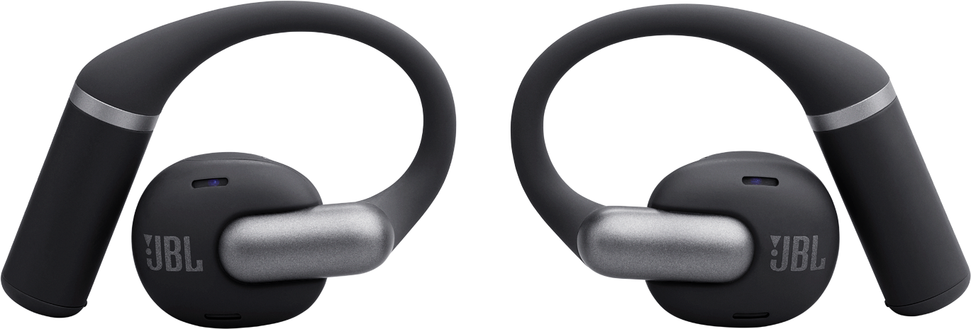 Paar schwarze JBL-Ohrhörer mit silbernen Akzenten. Die Ohrhörer haben ein Over-Ear-Design. Der Hintergrund ist schwarz.