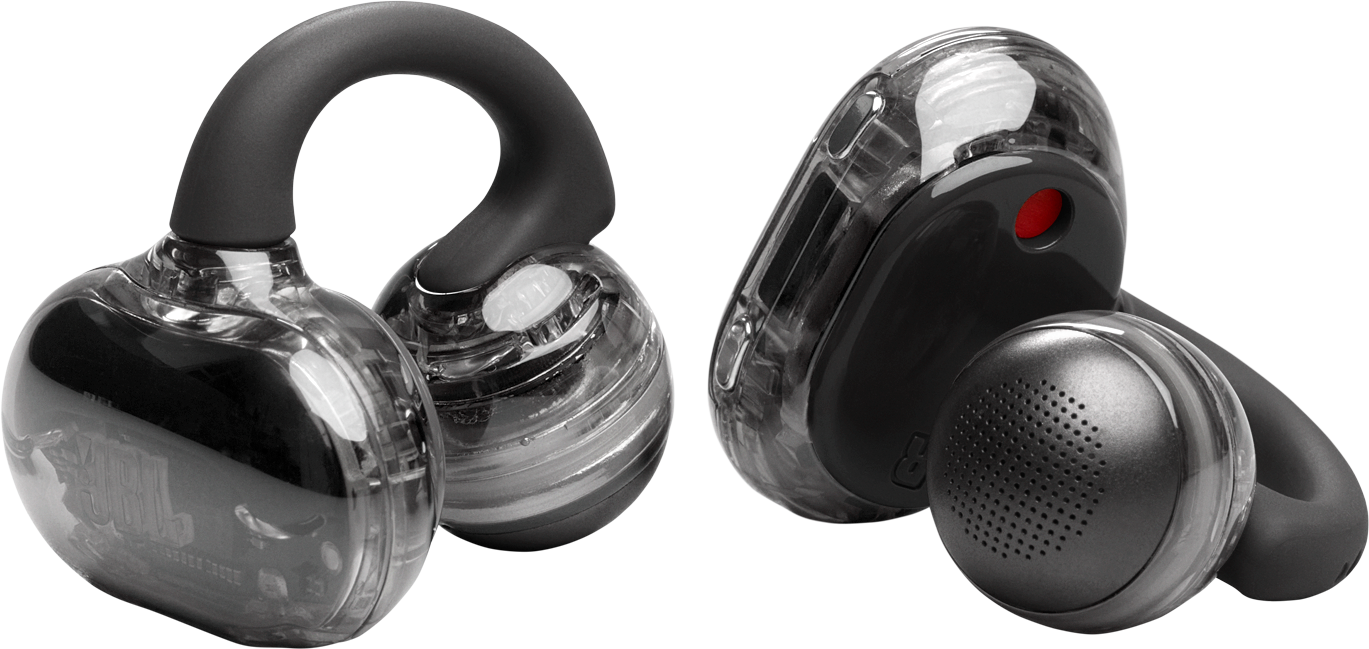 Zwei transparente, graue kabellose Kopfhörer mit schwarzen Ohrbügeln, einer mit rotem Knopf und der andere mit JBL-Logo.