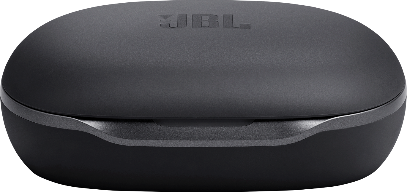 Eine schwarze JBL-Kopfhörerhülle. Die Hülle ist oval und hat ein mattes Finish. Das JBL-Logo ist oben eingeprägt.