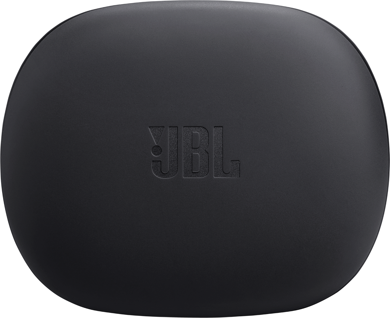 Ein schwarzes, ovales Etui mit dem geprägten JBL-Logo auf der Vorderseite. Das Etui scheint geschlossen zu sein und hat eine glatte Oberfläche.