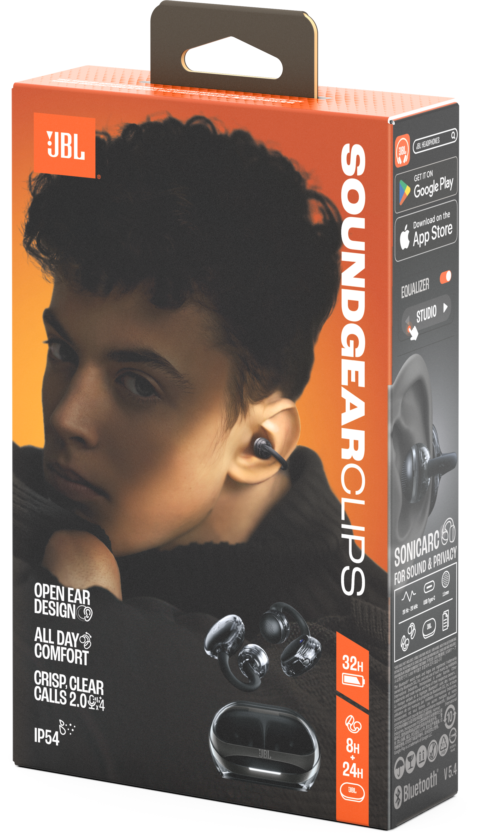 JBL Soundgear Clips-Box. Eine Person trägt den Kopfhörer. Die Box zeigt das Produkt und seine Funktionen.