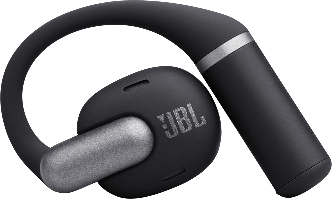 Schwarze JBL-Kopfhörer mit silbernen Akzenten. Der Ohrhörer und der Stiel sind silberfarben, der Rest ist schwarz. Das Logo ist sichtbar.