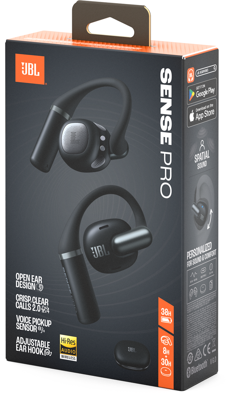 JBL Sense Pro Kopfhörerbox. Schwarze Kopfhörer sind abgebildet. Zu den Merkmalen gehören Open-Ear-Design, klare Anrufe und ein Sprachaufnahmesensor.