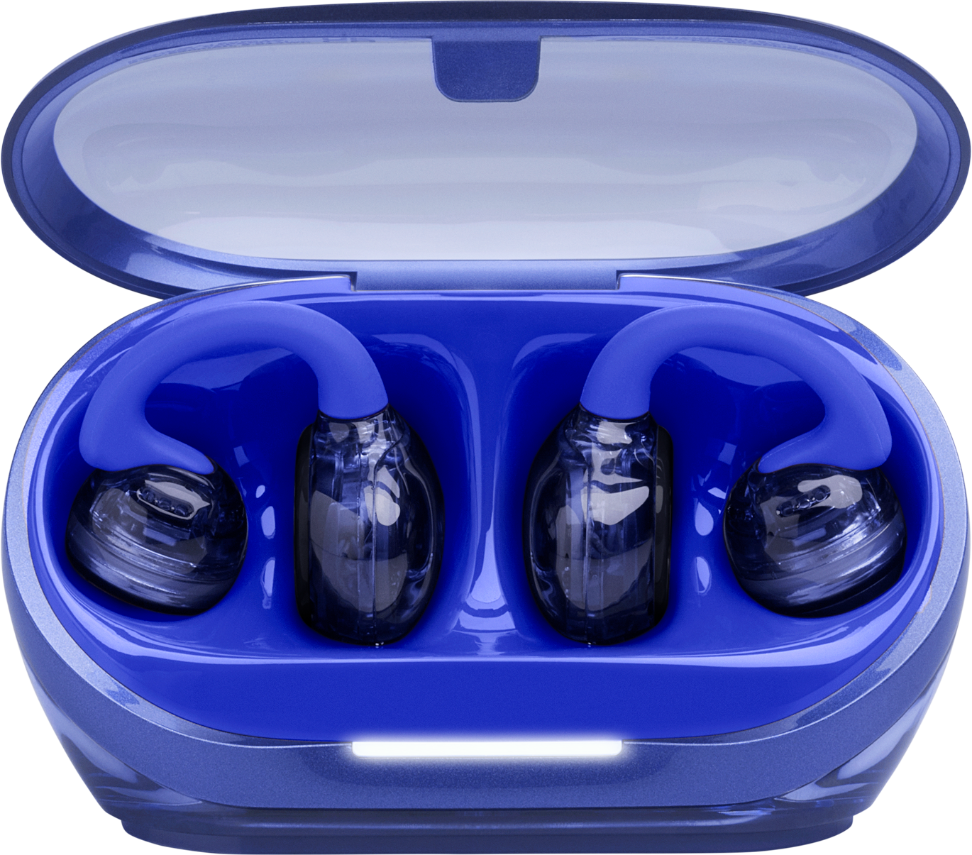 Blaues Ohrhörer-Etui mit zwei Ohrhörern. Das Etui ist geöffnet und zeigt die Ohrhörer und ein Licht.