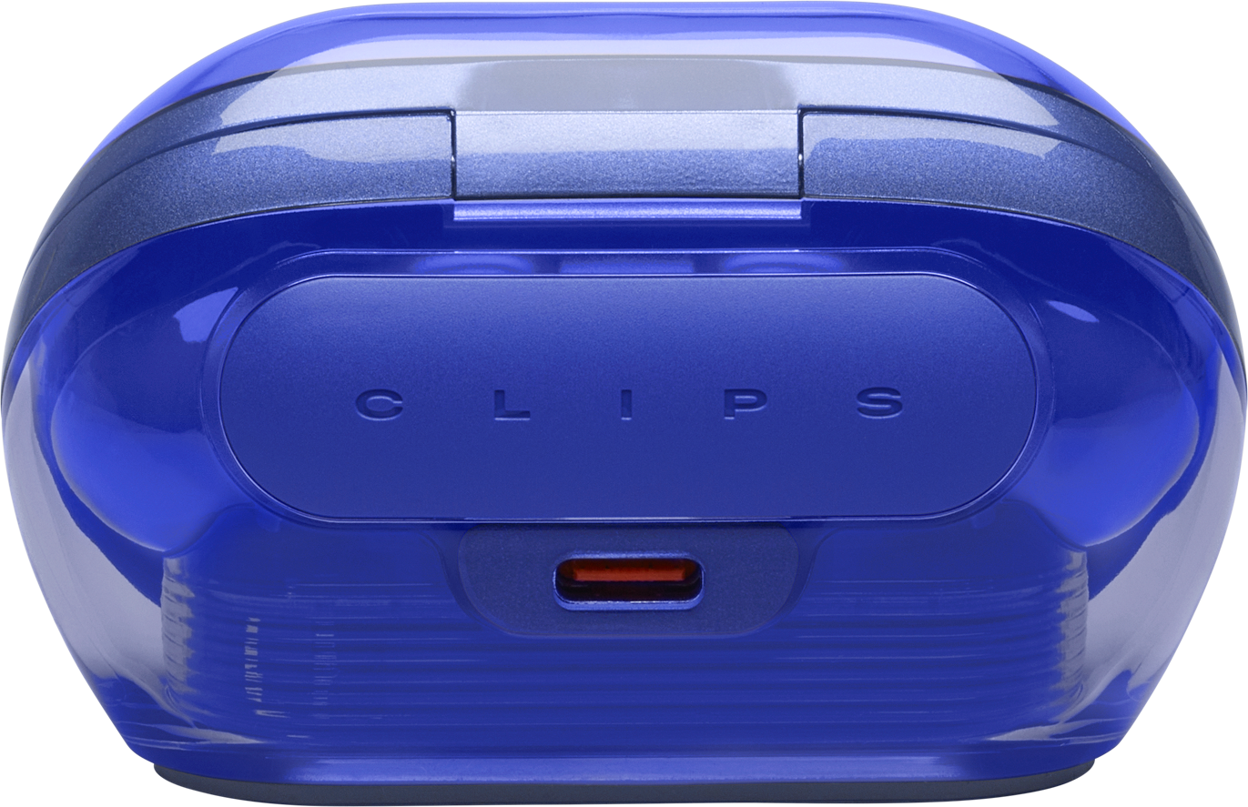 Ein blaues Gerät mit abgerundeter Form. Auf der Vorderseite steht 'CLIPS'. Es hat einen Ladeanschluss. Die Oberseite ist hellblau.
