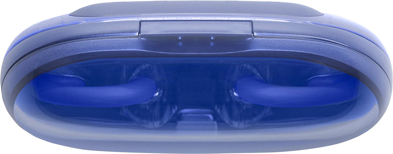 Nahaufnahme eines blau-grauen Geräts. Zwei blaue Röhren sind in einem transparenten blauen Behälter sichtbar.