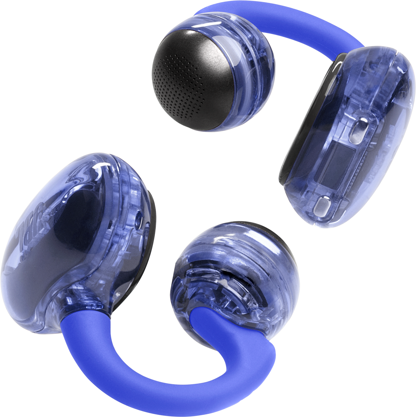 Blaue und transparente Kopfhörer mit schwarzen Ohrmuscheln, verbunden durch blaue Bänder, isoliert auf schwarzem Hintergrund.