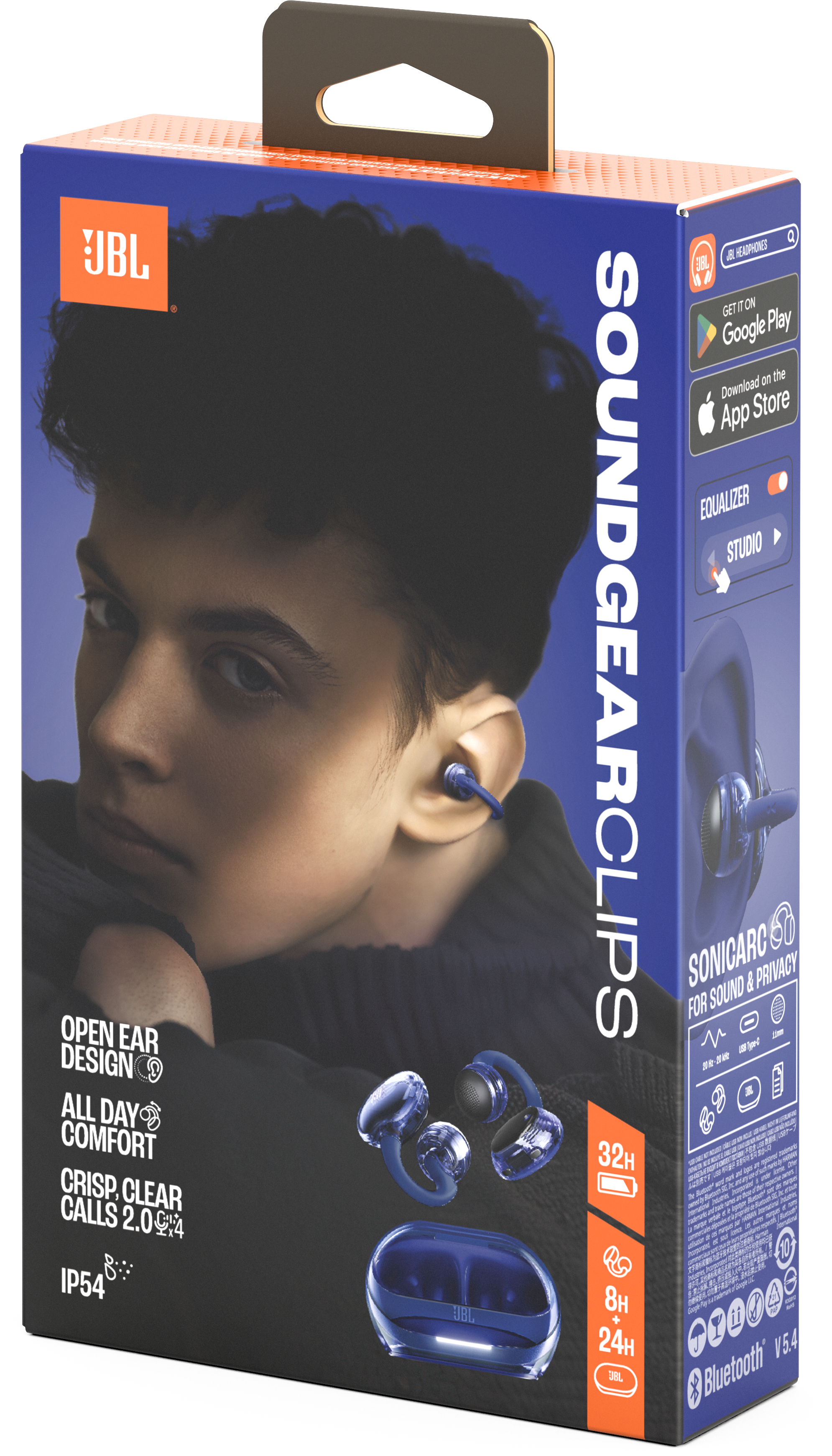 JBL Soundgear Clips-Box. Auf der Box ist eine Person mit blauen Ohrhörern abgebildet. Die Box ist dunkelblau und orange.