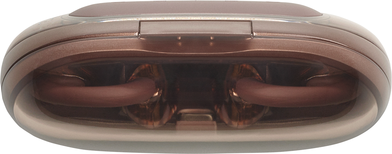 Primo piano di un dispositivo marrone metallico. Ha una forma arrotondata, con due tubi curvi all'interno.