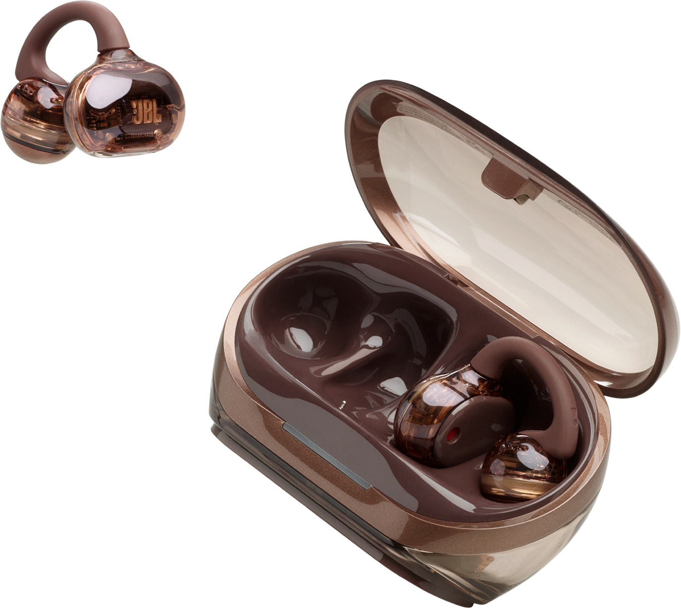 Auricolari JBL marroni e custodia di ricarica su sfondo nero. Un auricolare è staccato. La custodia è aperta, rivelando l'altro auricolare.