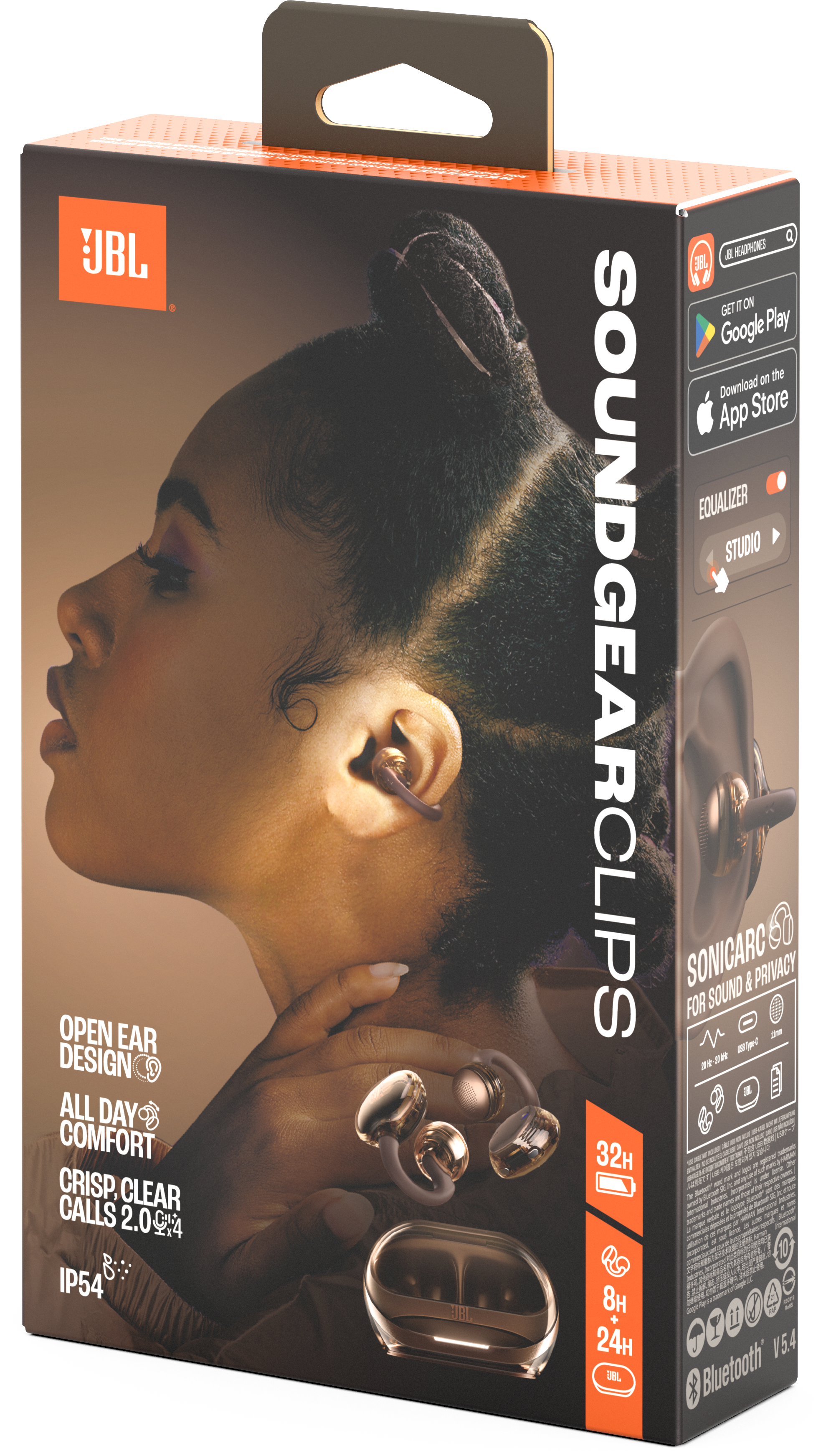 Scatola con donna con auricolari, Soundgear Clips di JBL. Design a orecchio aperto e lunga durata della batteria.