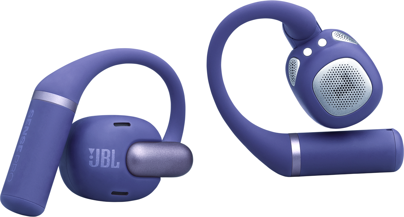 Zwei blaue JBL Sense Pro Ohrhörer. Jeder hat eine Schlaufe, einen Lautsprecher und ein silbernes Band. Das JBL-Logo ist sichtbar.