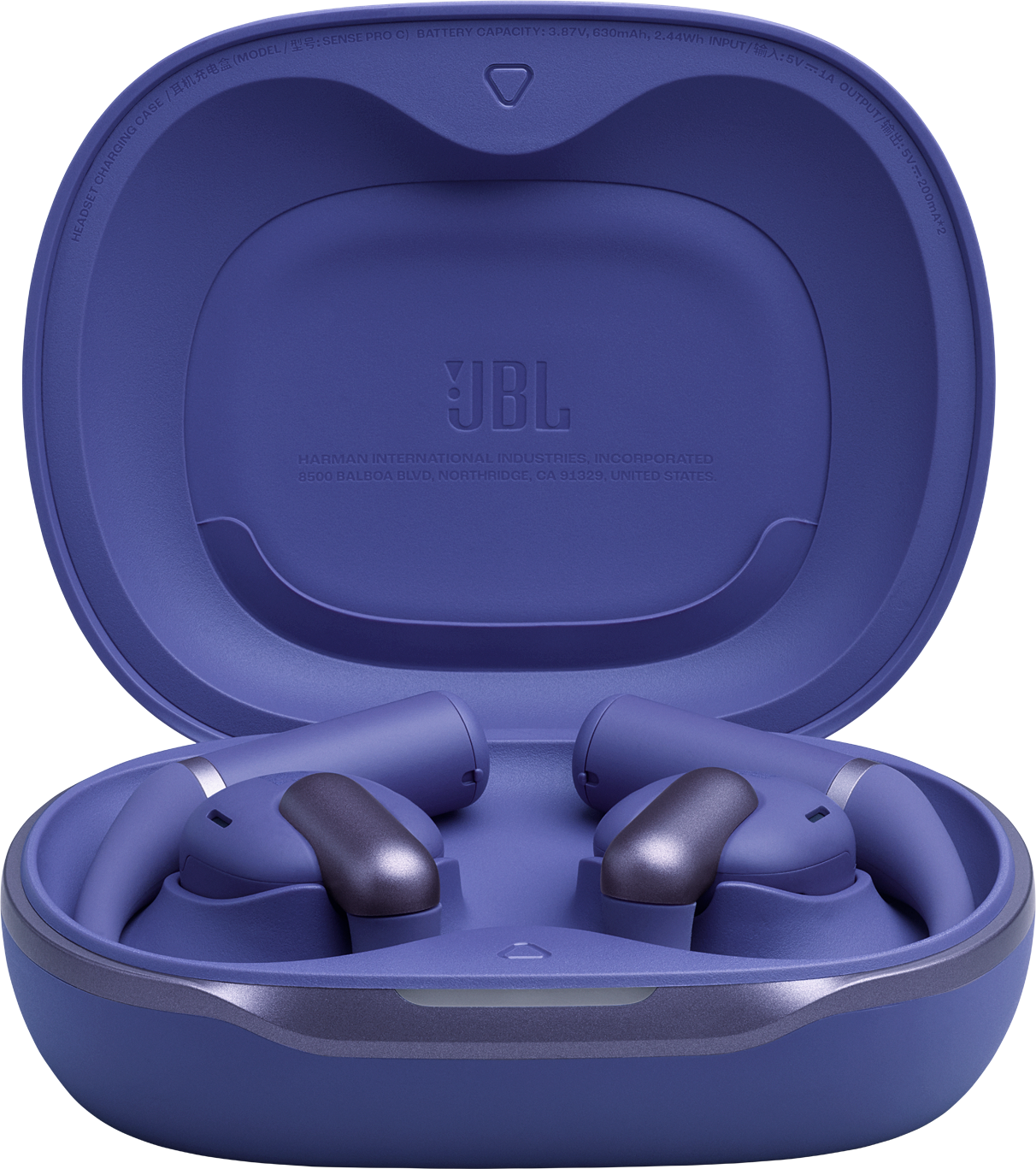 Offene, violette JBL-Kopfhörer-Ladehülle mit zwei Ohrhörern im Inneren. Die Hülle ist geöffnet und zeigt die Ohrhörer in ihren Halterungen.