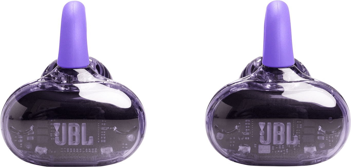 Deux écouteurs JBL transparents avec pointes violettes. Le logo est visible sur le corps. Fond noir.