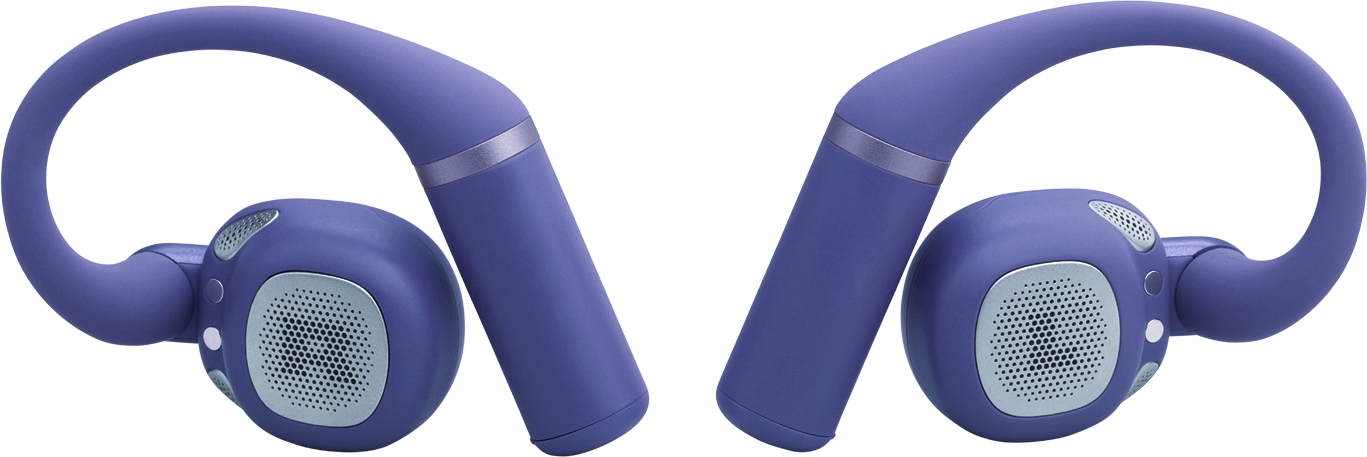 Zwei blaue und silberne kabellose Kopfhörer. Jeder hat eine Schlaufe und einen Ohrhörer mit einem Mesh-Lautsprecher. Schwarzer Hintergrund.