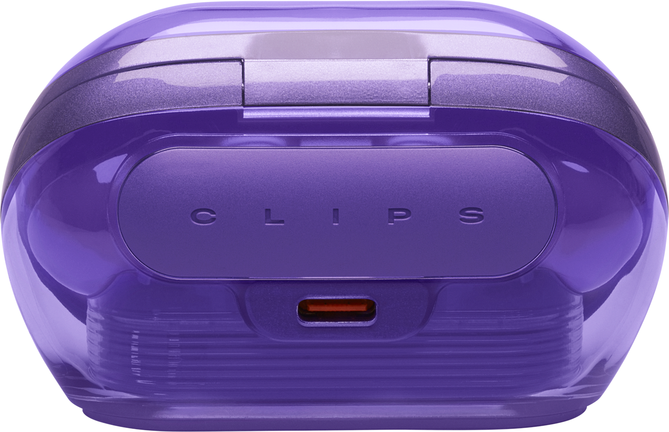 Un étui violet arrondi avec 'CLIPS' écrit dessus. Il a un dessus métallique et un port de charge. L'étui est sur un fond noir.