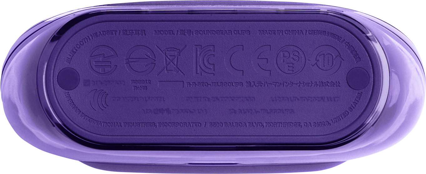 L'image montre l'arrière d'un appareil violet avec du texte et des logos, dont 'Bluetooth Headset' et 'Made in China'.