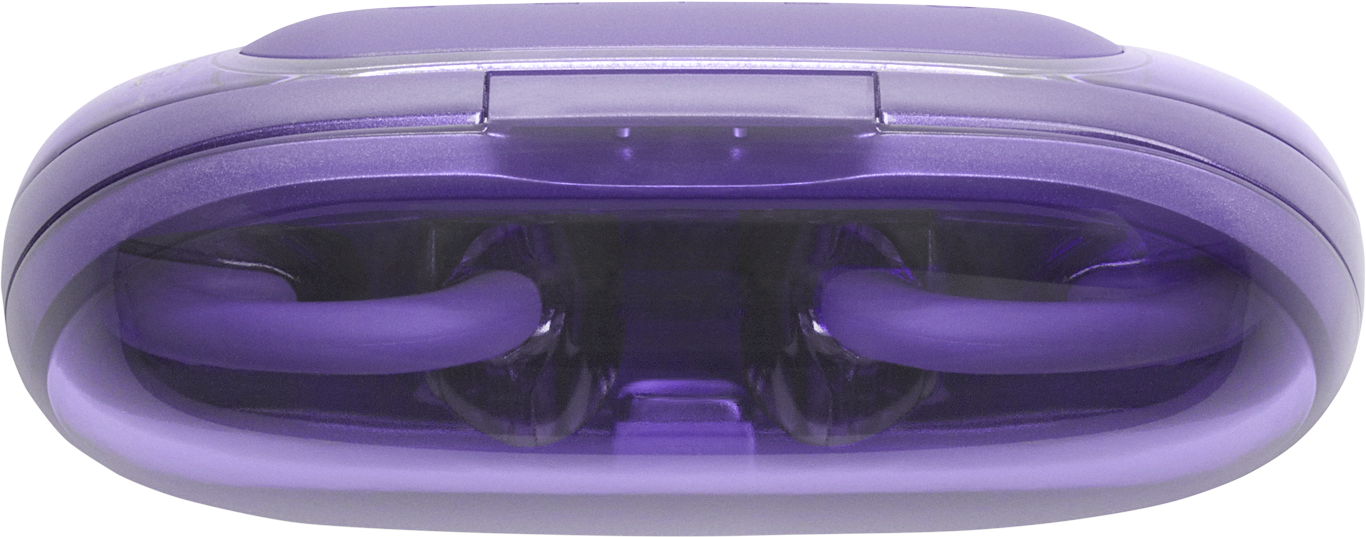 Un objet violet de forme ovale avec un couvercle transparent. Deux tubes violets incurvés sont visibles à l'intérieur. Le fond est noir.