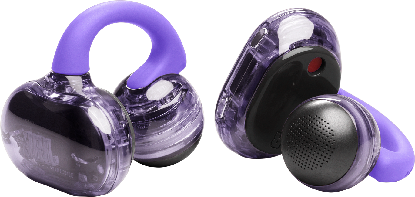 Deux écouteurs transparents violets avec des boucles d'oreille violettes, des écouteurs noirs et un bouton rouge. Logo JBL visible.