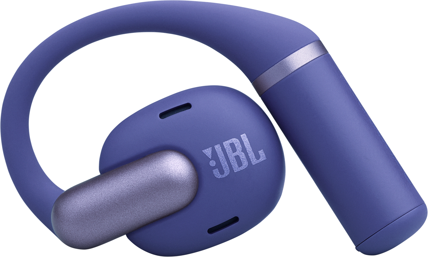 Ein Paar lila JBL-Ohrhörer mit geschwungenem Design. Das JBL-Logo ist auf einem Ohrhörer sichtbar. Vor schwarzem Hintergrund.