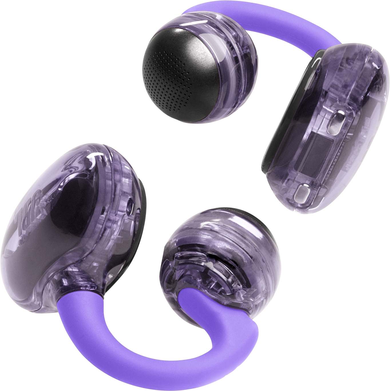 Écouteurs avec boîtier violet transparent, couvercles de haut-parleurs noirs et bande flexible violette. Isolé sur fond noir.