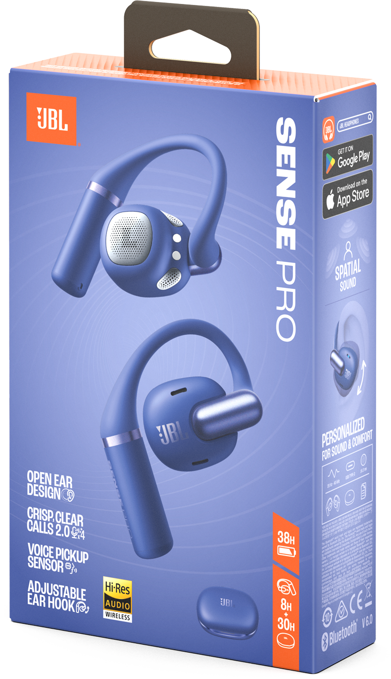 Blaue JBL Sense Pro Kopfhörer auf einer Schachtel. Merkmale sind Open-Ear-Design, räumlicher Klang und Hi-Res Audio Wireless.