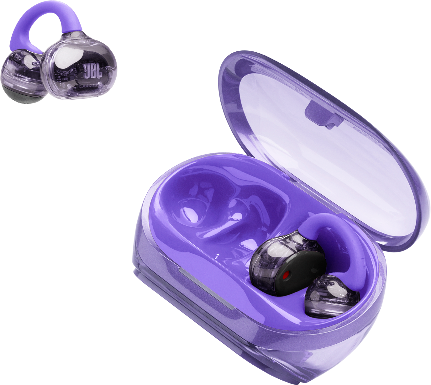 Écouteurs JBL violets dans un étui. Un ensemble est en dehors de l'étui. Les deux ont des éléments transparents et bulbeux et un crochet violet.