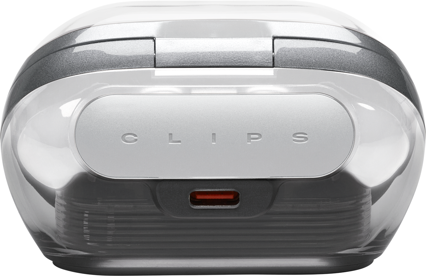 Ein weiß-graues Ladecase mit der Aufschrift 'CLIPS'. Es hat einen roten Ladeanschluss.