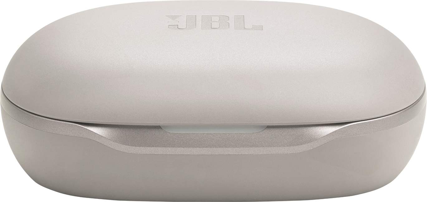 Ein hellgraues JBL-Kopfhörer-Etui. Das JBL-Logo ist oben eingeprägt. Das Etui ist oval und hat eine silberne Zierleiste.