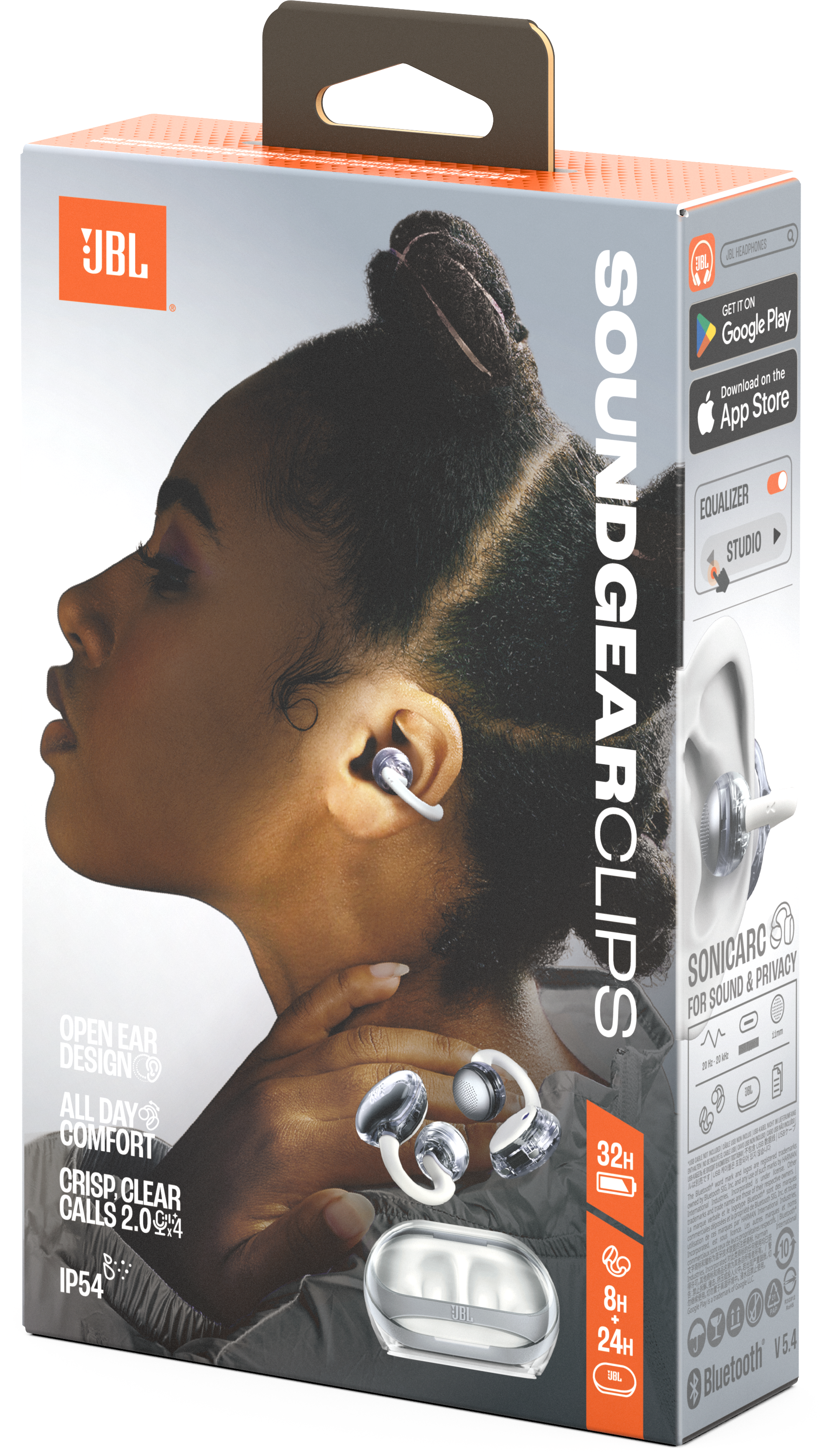 Schachtel mit JBL Soundgear Clips-Kopfhörern. Zeigt eine Frau, die sie trägt. Enthält Funktionen und App-Downloads.