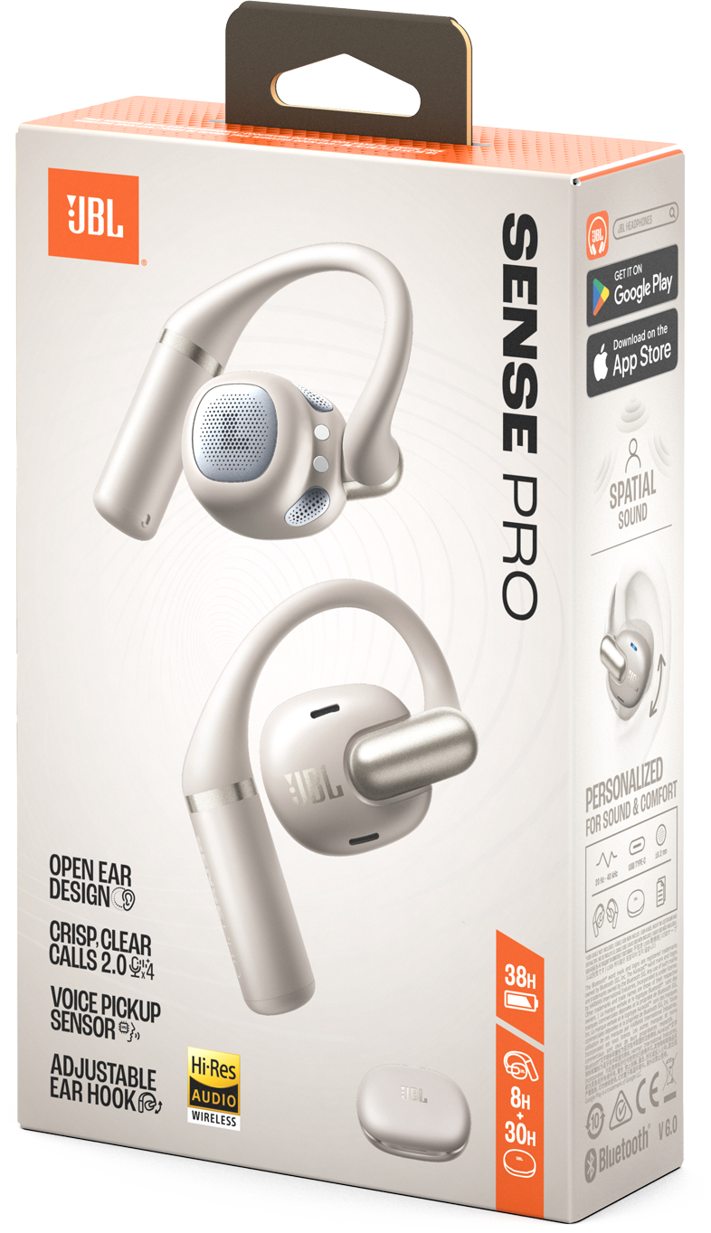 JBL Sense Pro Kopfhörerbox. Weiße Ohrhörer werden abgebildet. Zu den Merkmalen gehören offenes Ohrendesign und klare Anrufe.
