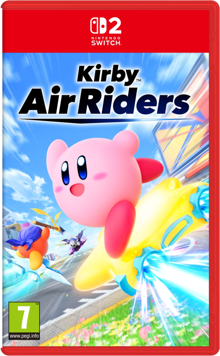Couverture du jeu Kirby Air Riders. Kirby rose sur un véhicule jaune. D'autres personnages courent en arrière-plan. Ciel bleu avec des stries blanches.
