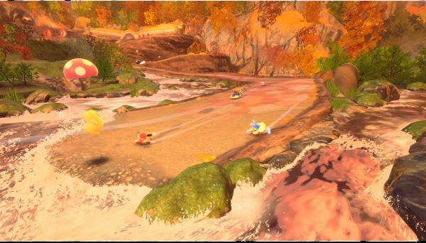 Des pilotes de karting sur une piste au bord d'une rivière. Champignon et personnage jaune dans les airs. Le feuillage d'automne et les berges rocheuses entourent la piste.