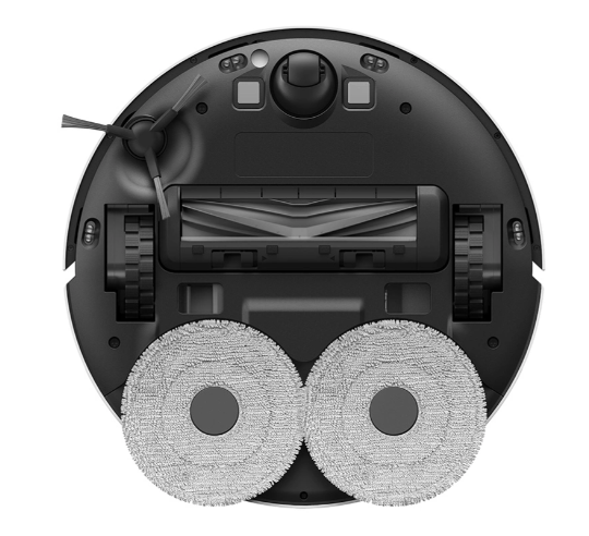 Widok od spodu robota sprzątającego. Posiada koła, szczotki i pady czyszczące. Przeważnie czarny i szary z białymi akcentami.