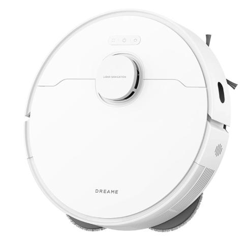 Biały robot sprzątający Dreame. Ma okrągły kształt, czujnik LiDAR i nazwę marki z przodu.