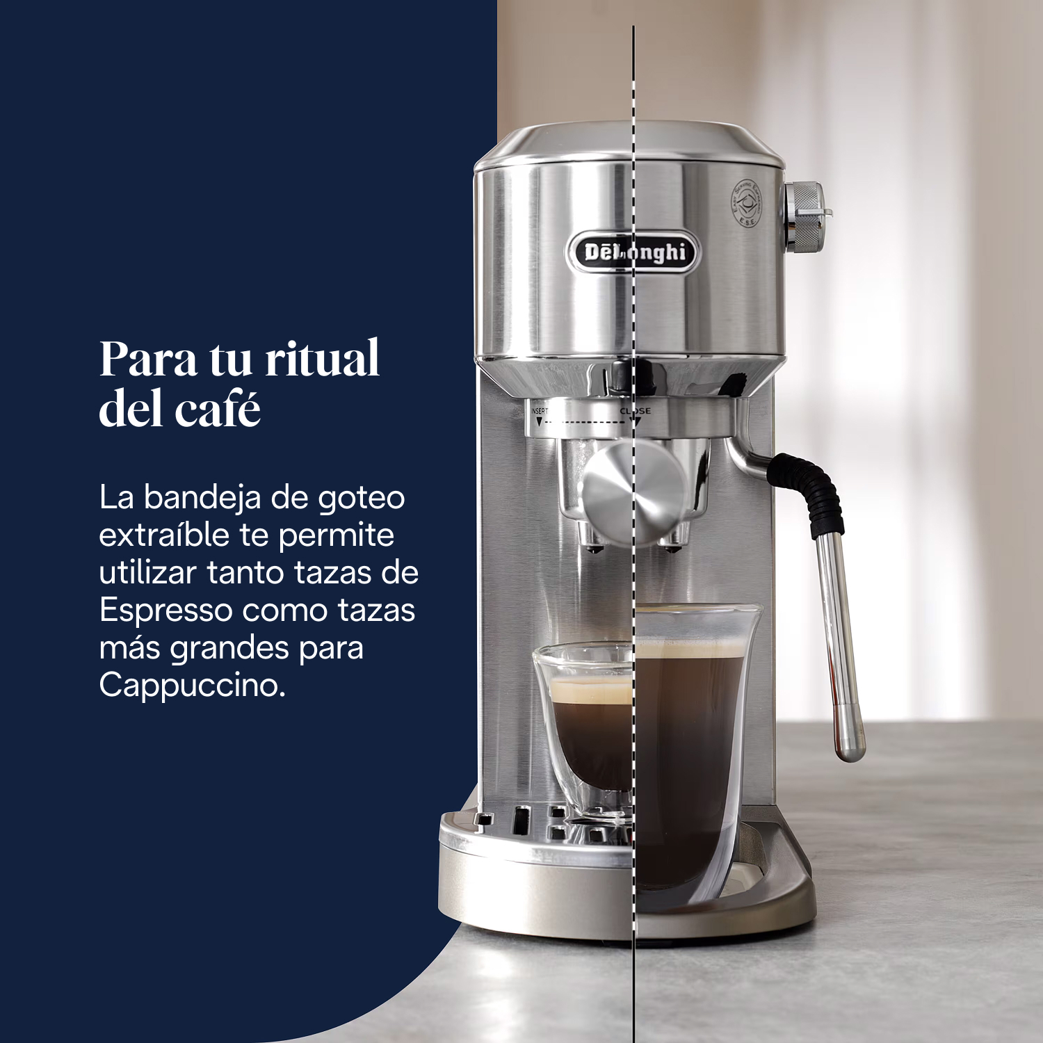 Para tu ritual del café La bandeja de goteo extraíble te permite utilizar tanto tazas de Espresso como tazas más grandes para Capuccino.