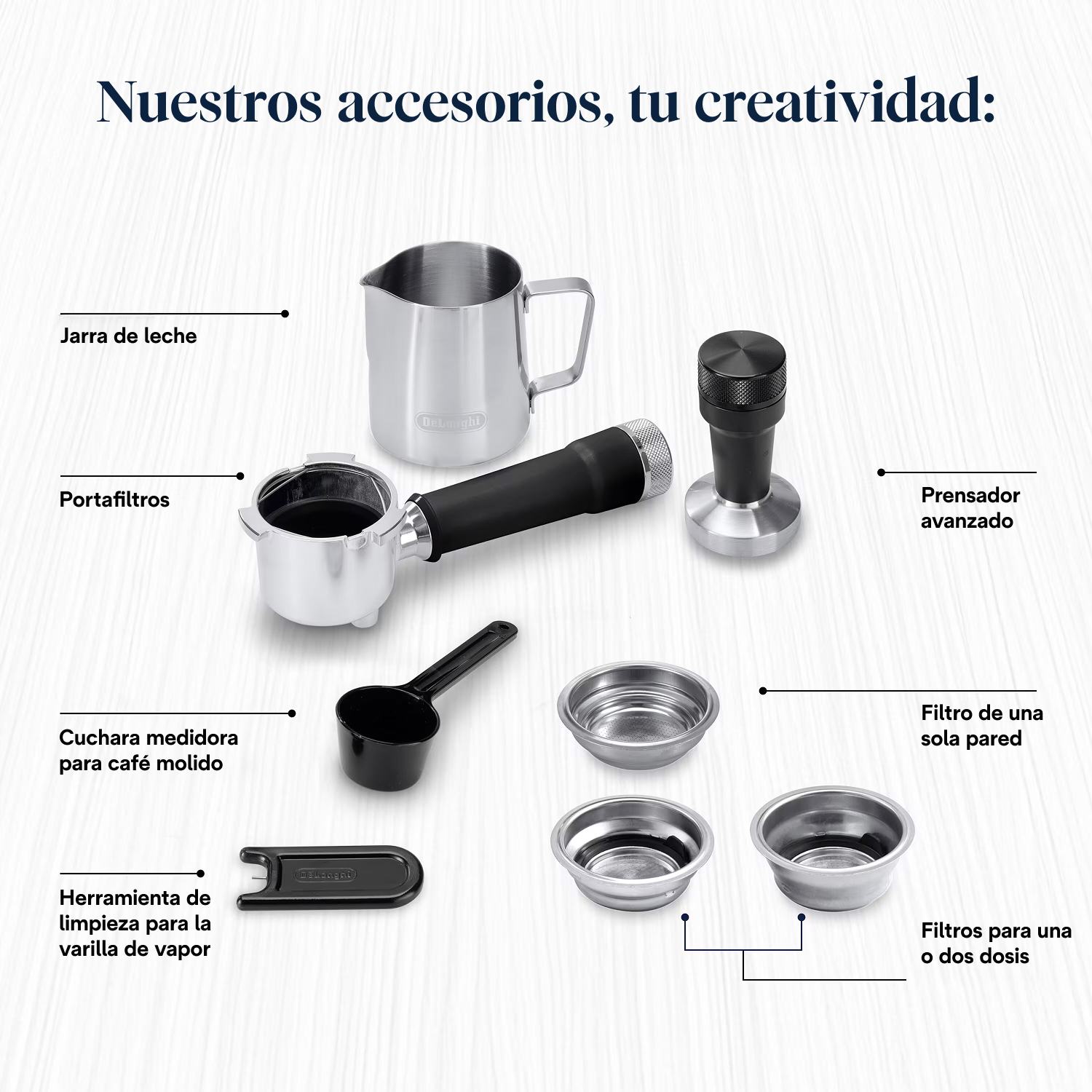 Nuestros accesorios, tu creatividad: Jarra de leche Portafiltros Cuchara medidora para café molido Herramienta de limpieza para la varilla de vapor Prensador avanzado Filtro de una sola pared Filtros para una o dos dosis
