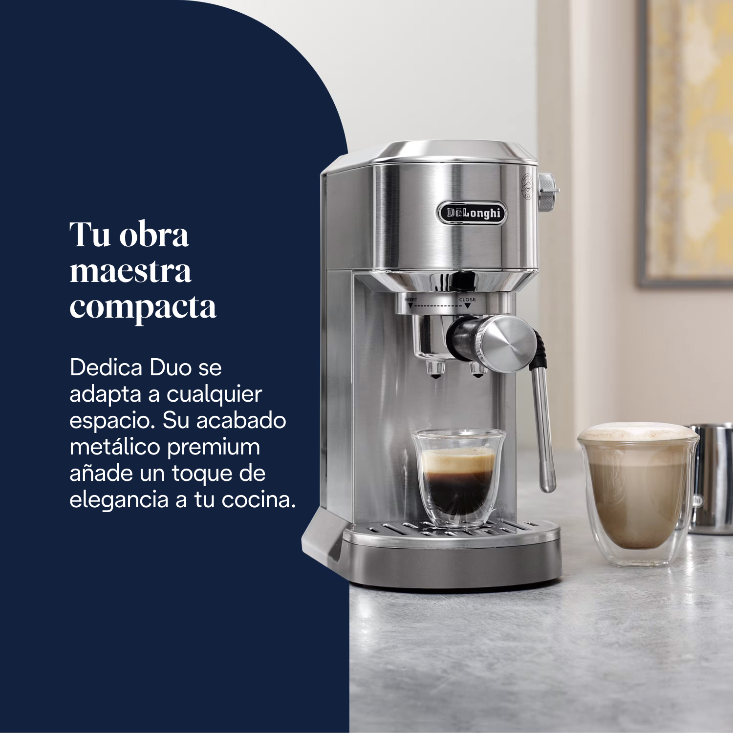 Tu obra maestra compacta Dedica Duo se adapta a cualquier espacio. Su acabado metálico premium añade un toque de elegancia a tu cocina.