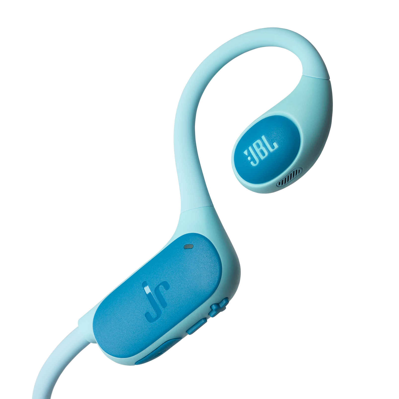 Hellblaue JBL Jr-Kopfhörer. Die Ohrmuscheln und das Kopfband sind hellblau, mit einer dunkelblauen Platte an jeder Ohrmuschel.