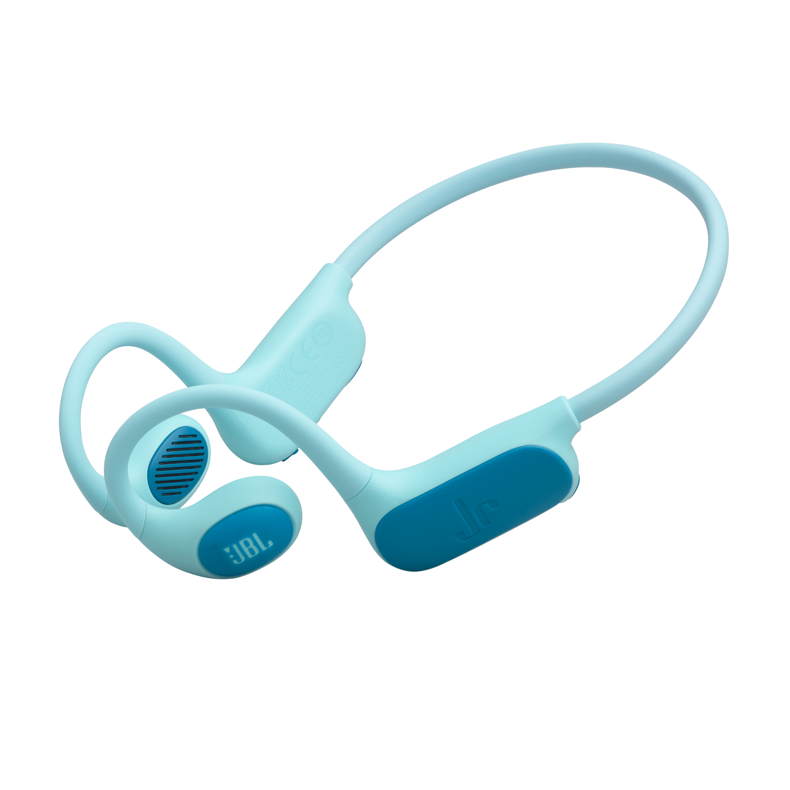 Hellblaue JBL Jr. Kopfhörer auf weißem Hintergrund. Dunkelblaue Akzente und JBL-Logo sind sichtbar.