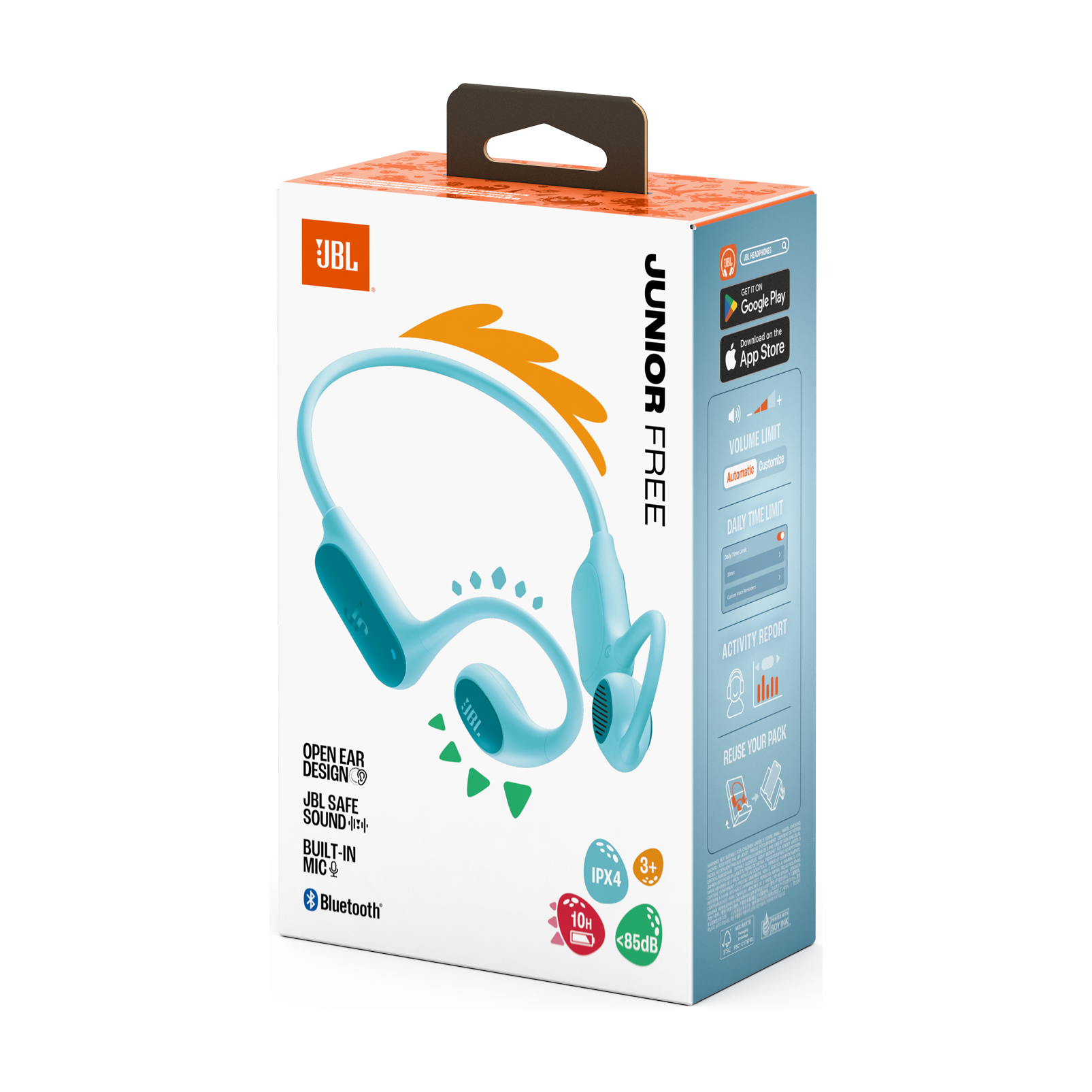Schachtel mit JBL Junior Free Kopfhörern. Hellblaue Kopfhörer mit orangefarbenen Akzenten. Text enthält 'Junior Free' und 'Bluetooth'.