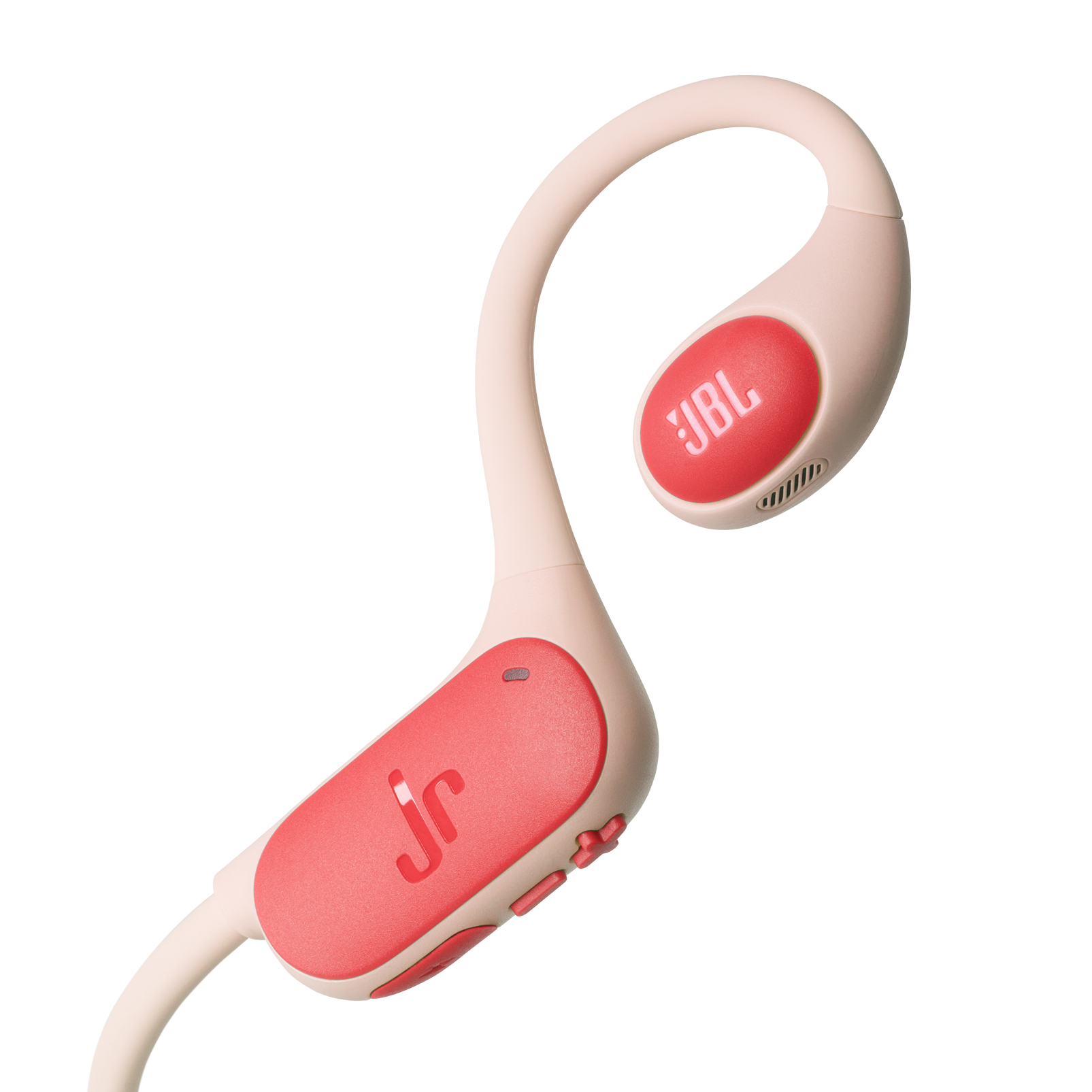 Rosa und rote JBL Jr Kopfhörer. Der Ohrhörer und die Bedienelemente sind rot. Das Kopfband ist gebogen und rosa.